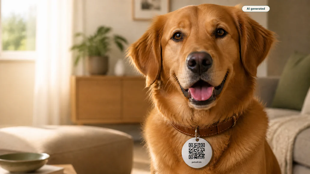 Hund mit PetCall QR-Code-Anhänger am Halsband