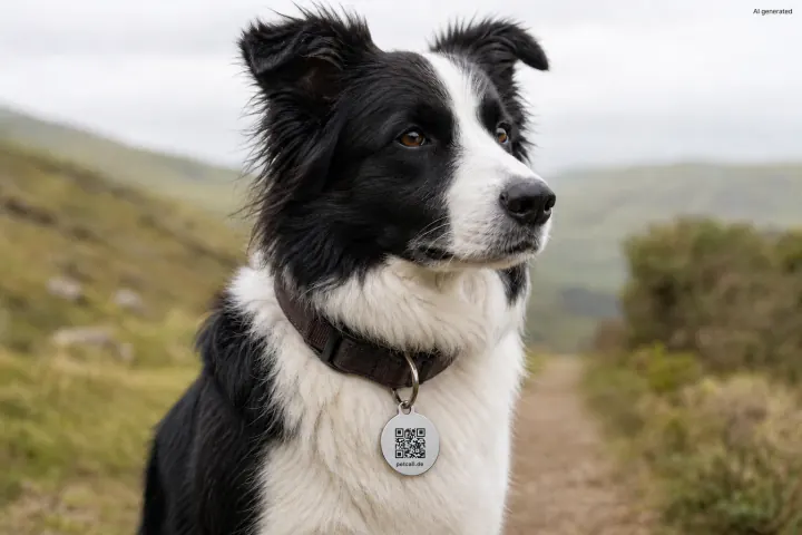 Border Collie mit graviertem PetCall QR-Code-Anhänger aus Edelstahl