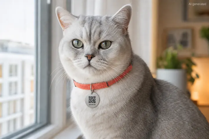 Britisch-Kurzhaar-Katze mit graviertem PetCall QR-Code-Anhänger aus Edelstahl