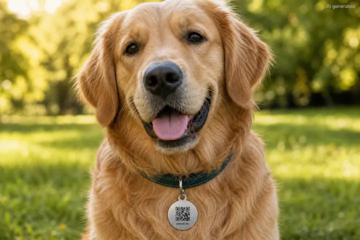 Golden Retriever mit graviertem PetCall QR-Code-Anhänger aus Edelstahl