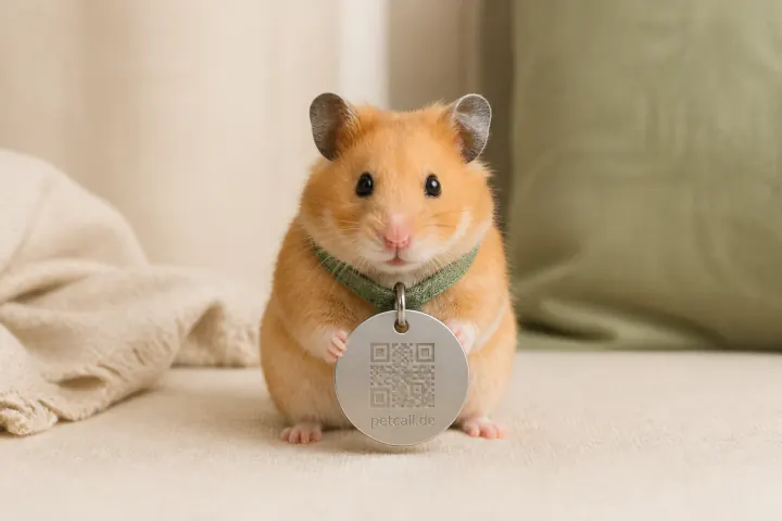 Goldhamster mit humorvoll übergroßem PetCall-Anhänger aus Edelstahl