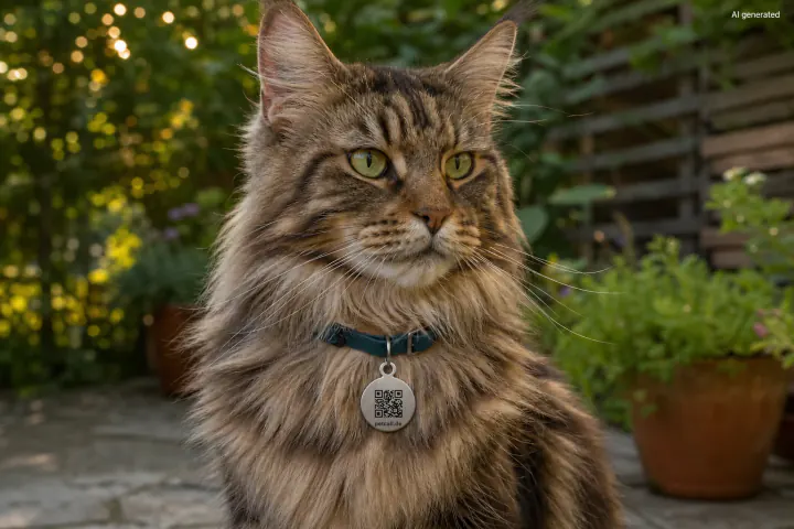 Maine-Coon-Katze mit graviertem PetCall QR-Code-Anhänger aus Edelstahl