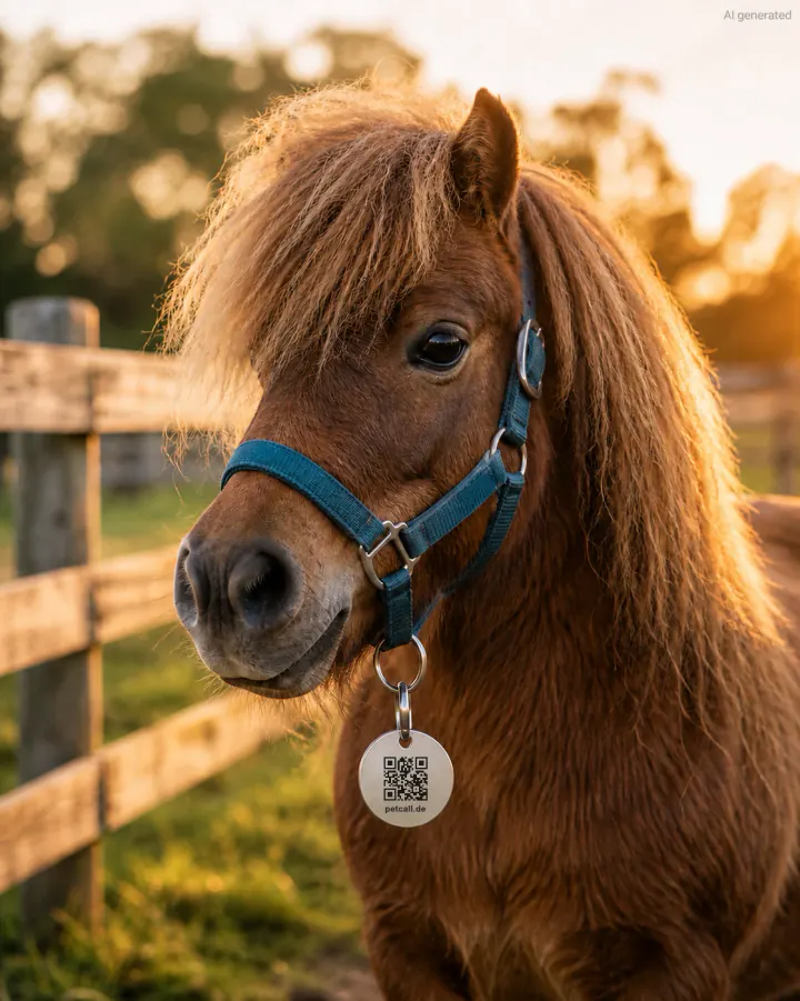 Miniaturpony mit graviertem PetCall QR-Code-Anhänger aus Edelstahl am Halfter